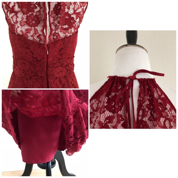 NEW Amsale Crimson Red Halter Lace Gown - Picture 6 of 8